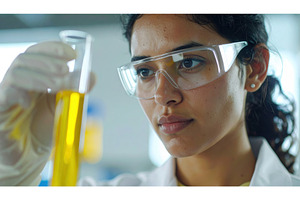 Scientist examining yellow liquid in, a Technology Photo by Igor Tichonow
