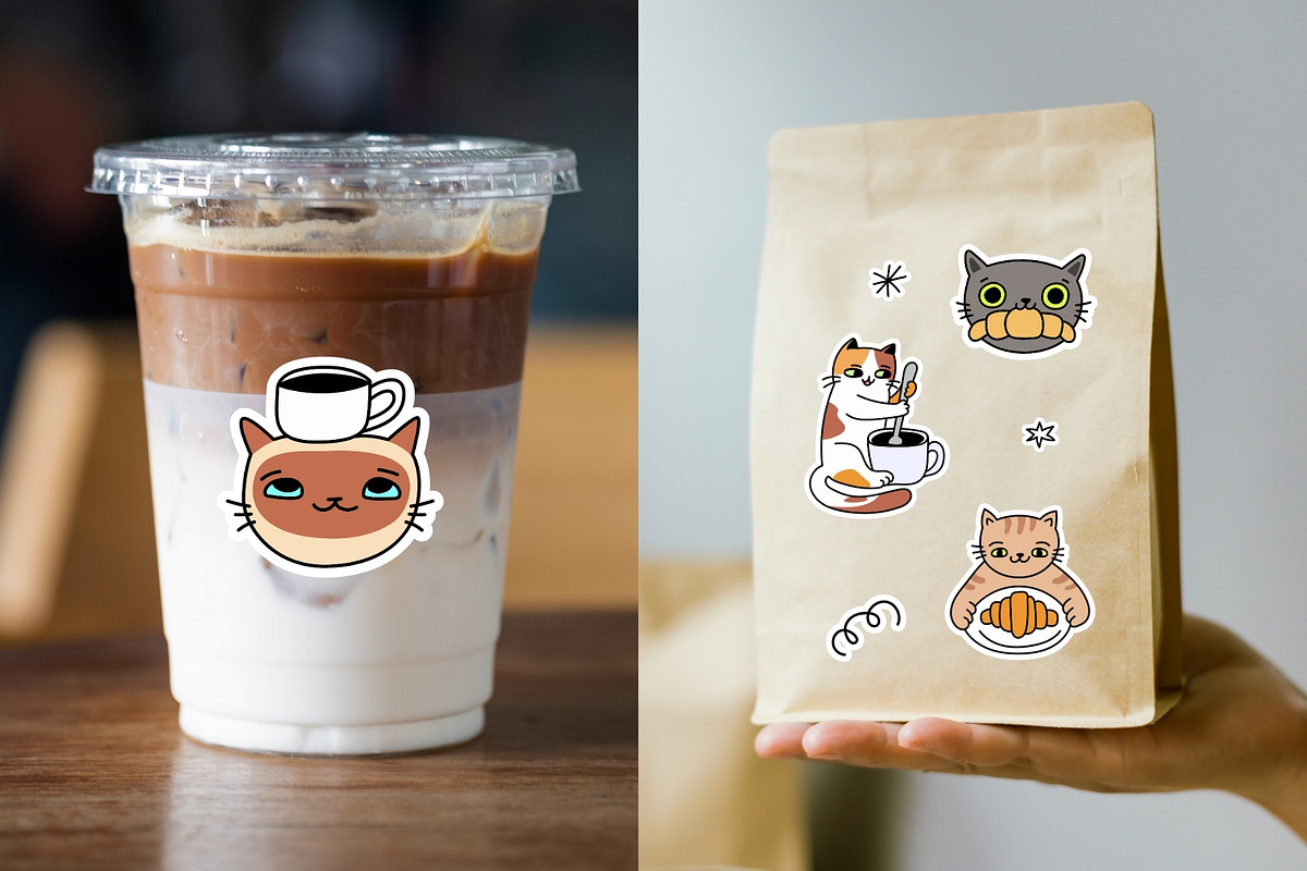 22 Hand Drawn Cats & Coffee Stickers, a Food Illustration by Kristina Chistiakova (Photo 2 of 7)