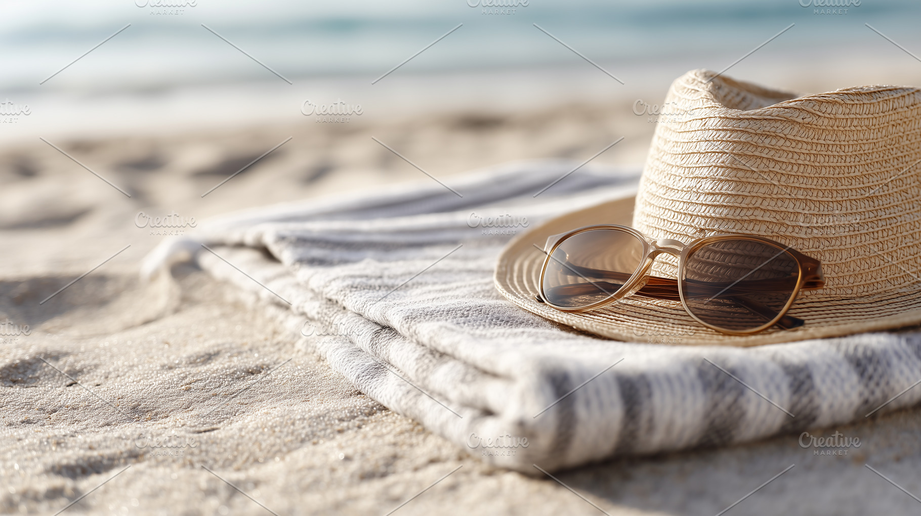 Straw hat and sunglasses resting on, a Nature Photo by MistyDay
