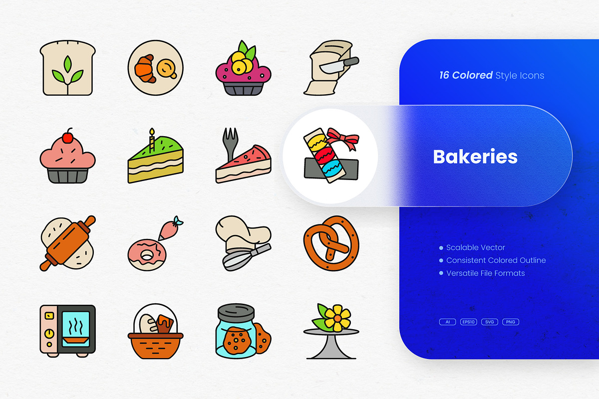 Bakeries Colored Icons, an Outline Icon by cidcud_graphic