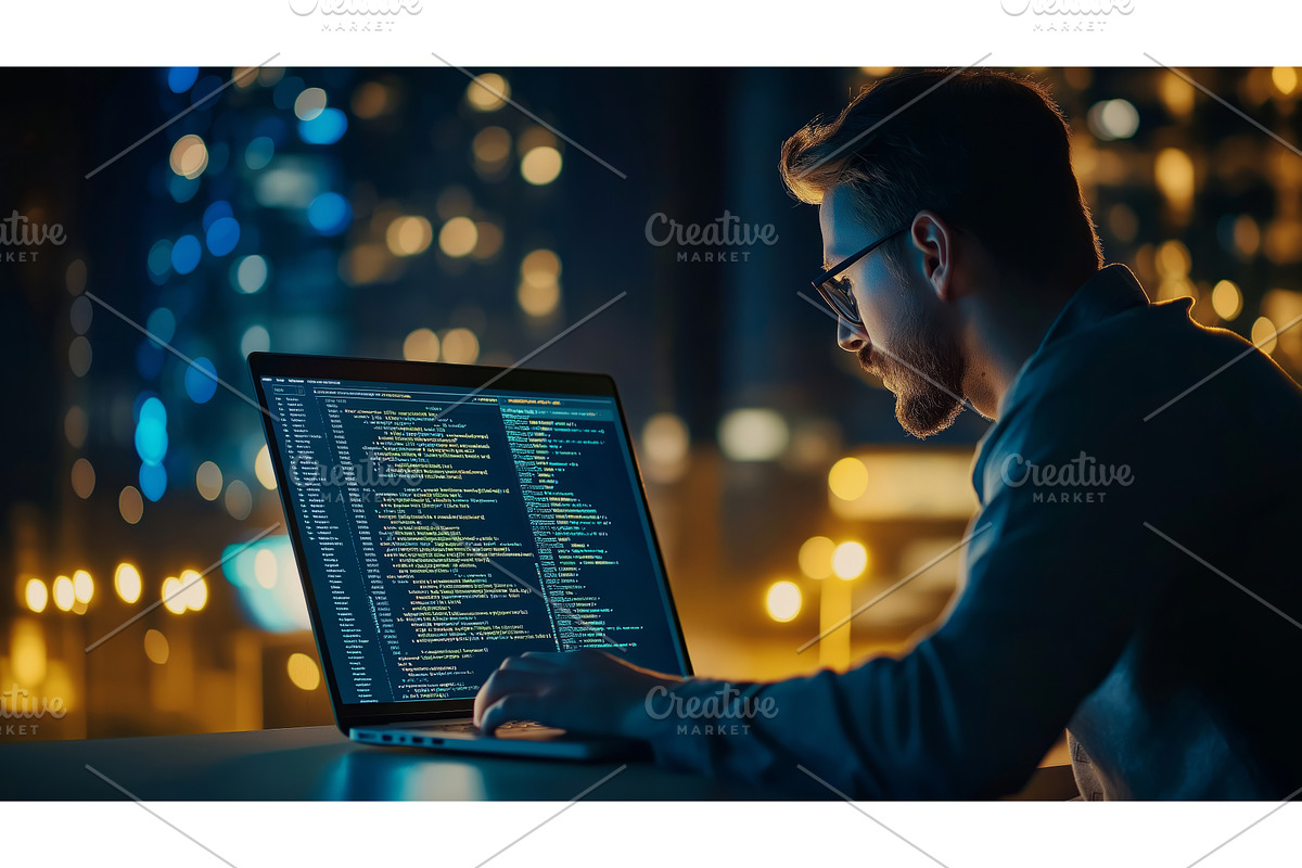 Night Coding With Laptop in City, an Object Illustration by CREATIVEDEF