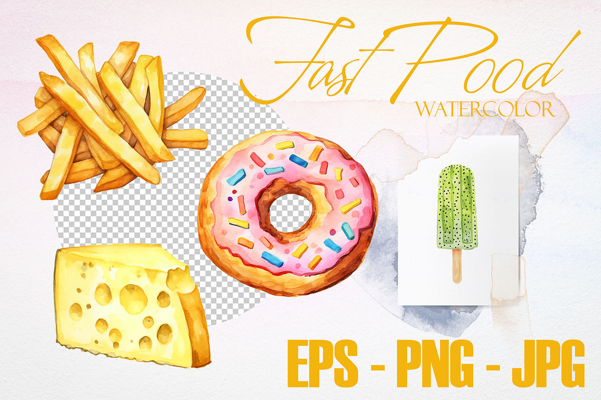 Watercolor Fast Food Vector Set, a Food Illustration by Deckar_art (Photo 2 of 3)