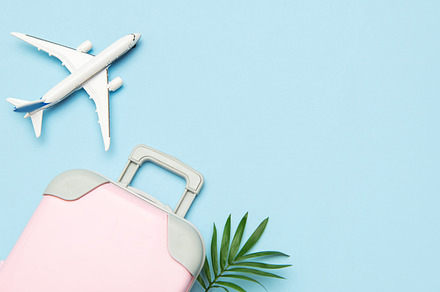 Pink suitcase, airplane model, and palm leaf on pastel blue back
