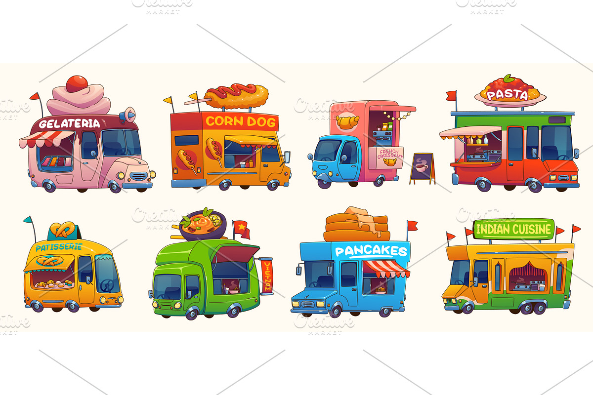 Cartoon food trucks, foodtruck car, a Food Illustration by Buch&Bee