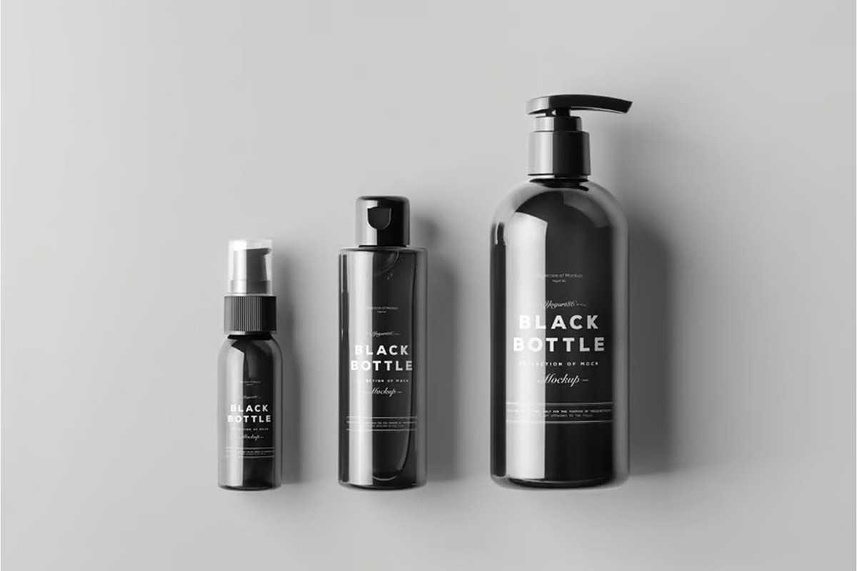 Black Bottles Cosmetic Mockup, a Packaging Mockup by DesignRushMarket (Photo 3 of 8)