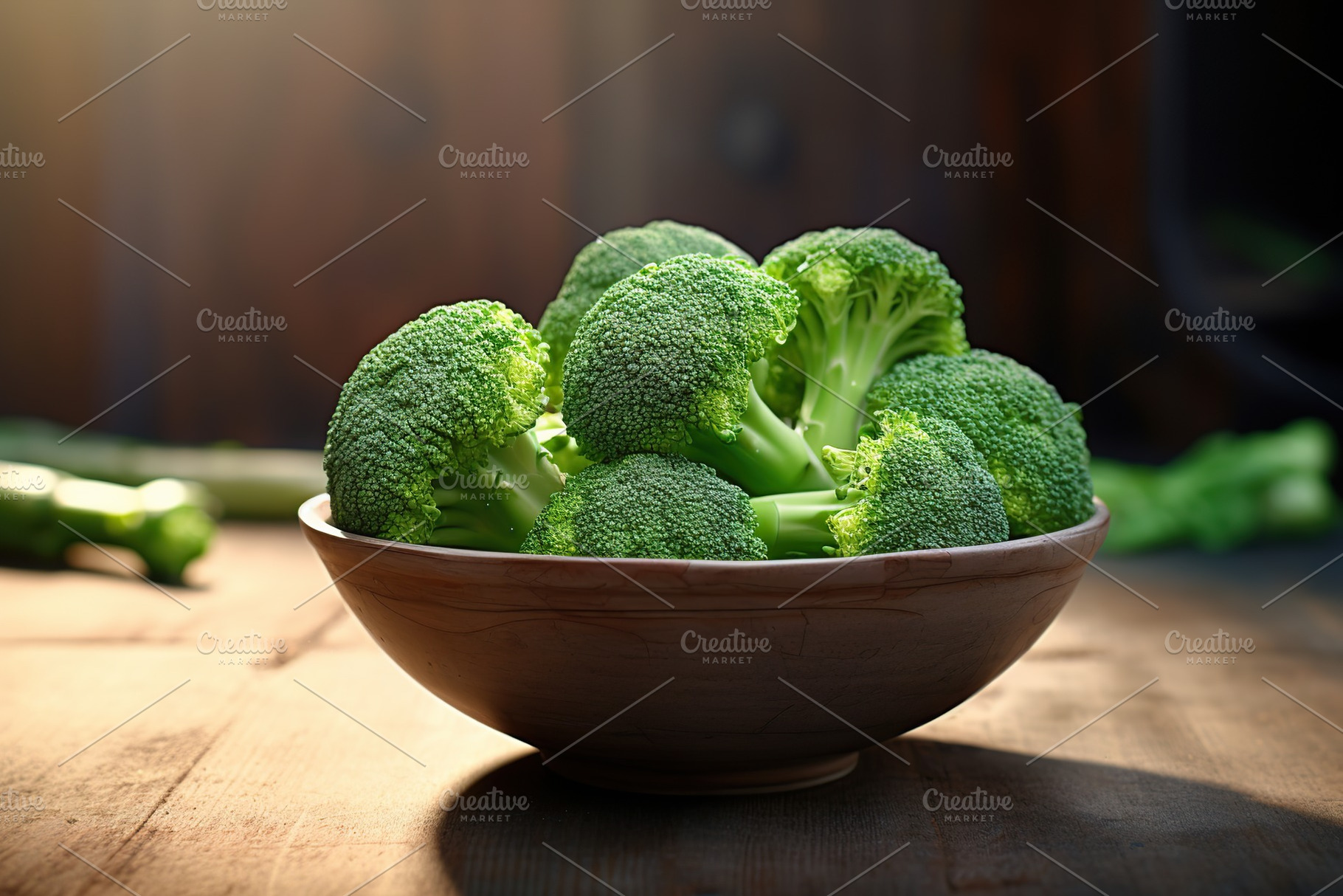 Green ripe broccoli in bowl on wooden background, a Food & Drink Photo by AlyaAnd