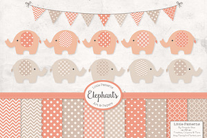 Peach Elephant Clipart & Patterns, an Illustration by Amanda Ilkov