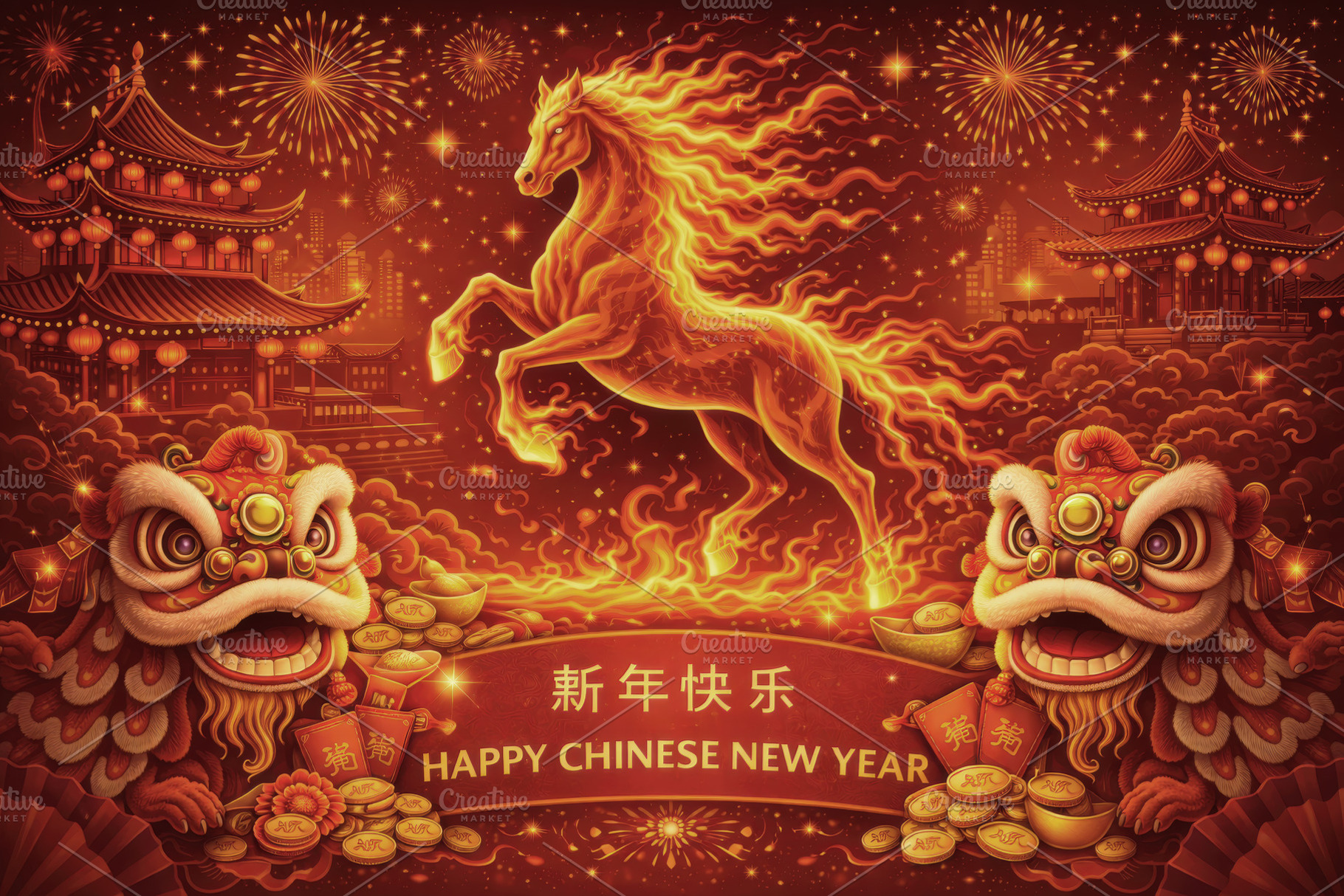 Fire Horse with Chinese Lions and Fi, a Holiday Photo by Perpis