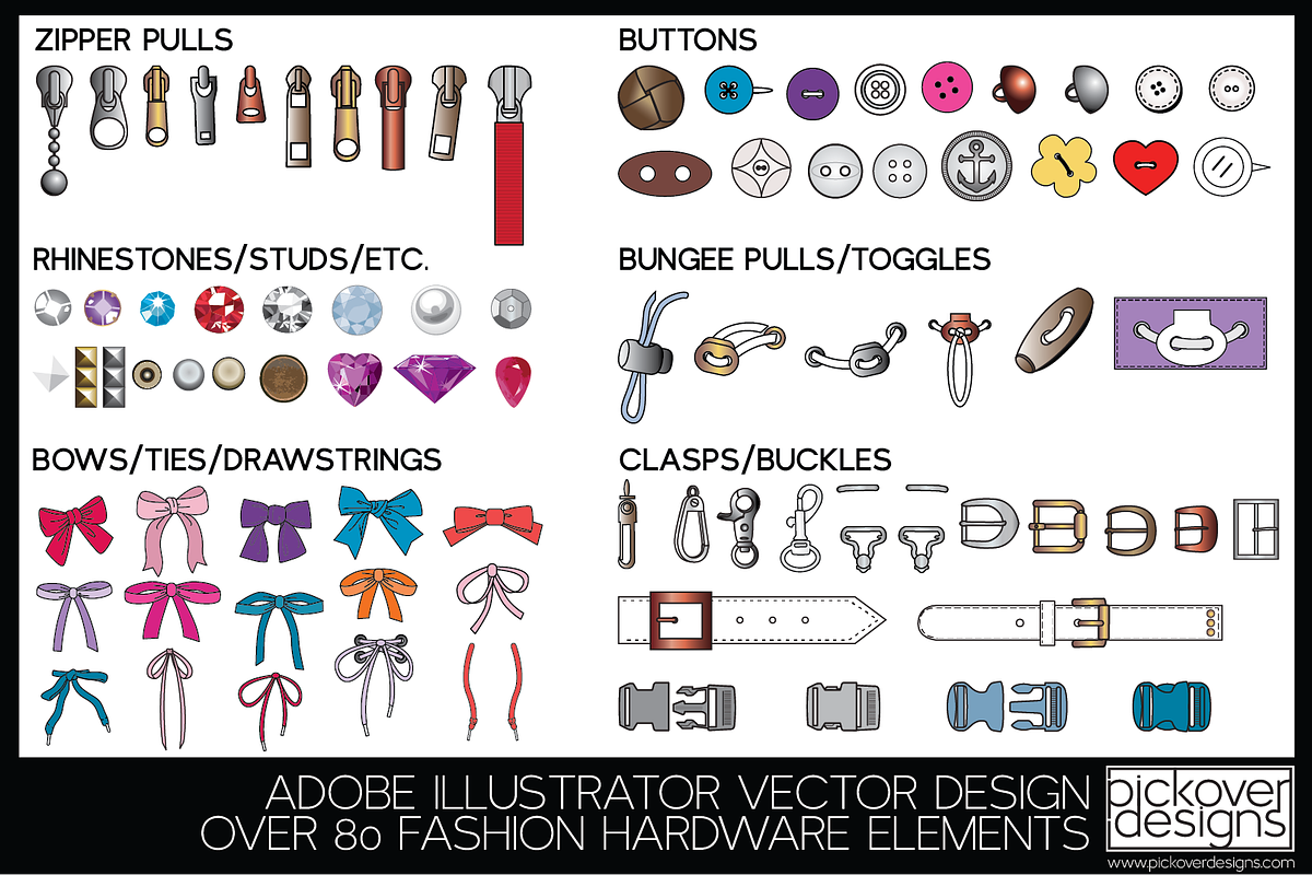 80+ FASHION HARDWARE ELEMENTS-VECTOR, an Illustration by Pickover Designs