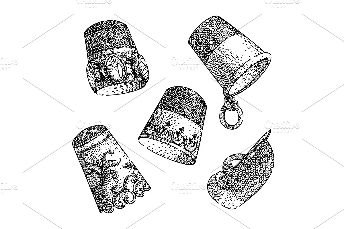sewing thimble set sketch hand drawn, an Object Illustration by pikepicture