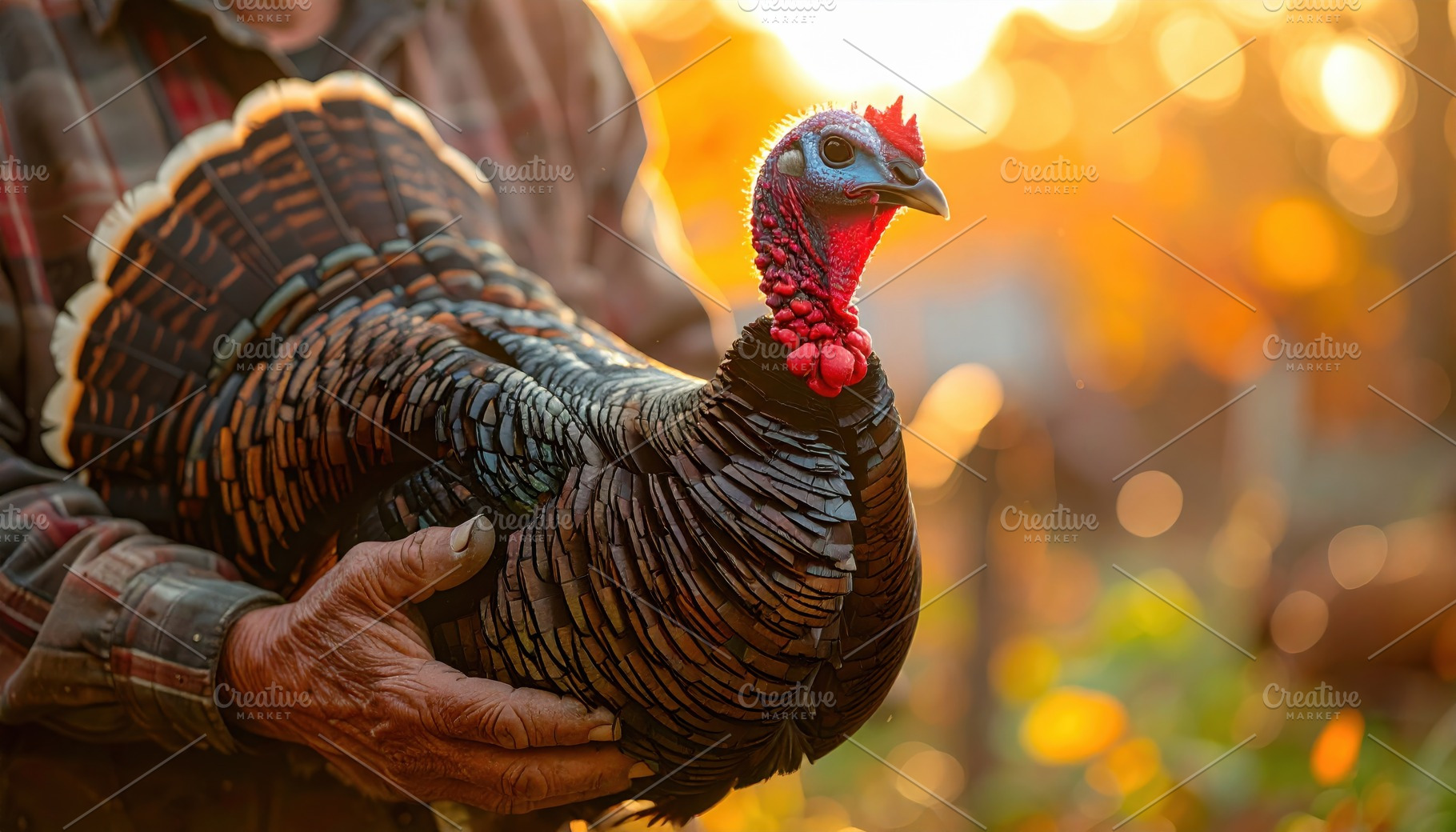 Farmer holding large heritage turkey at sunset, an Animal Photo by Igor Tichonow