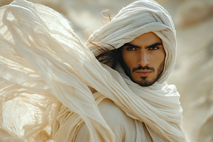 A striking portrait of a arabic man with long hair, wearing flowing light-color, a Person Photo by Textures & Backgrounds