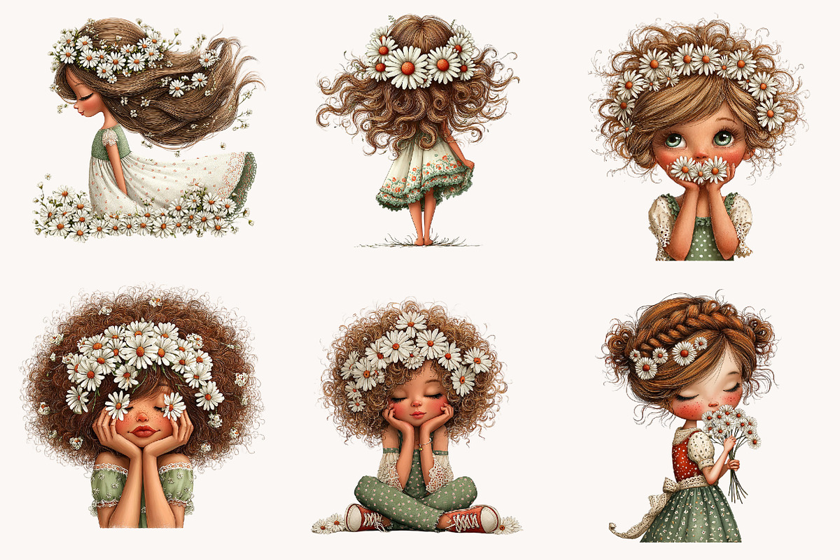 Whimsical Daisy Girls Clipart, an Illustration by Designworld (Photo 3 of 9)