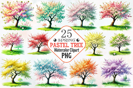 Pastel spring trees clipart