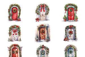 Watercolor Christmas Door Clipart