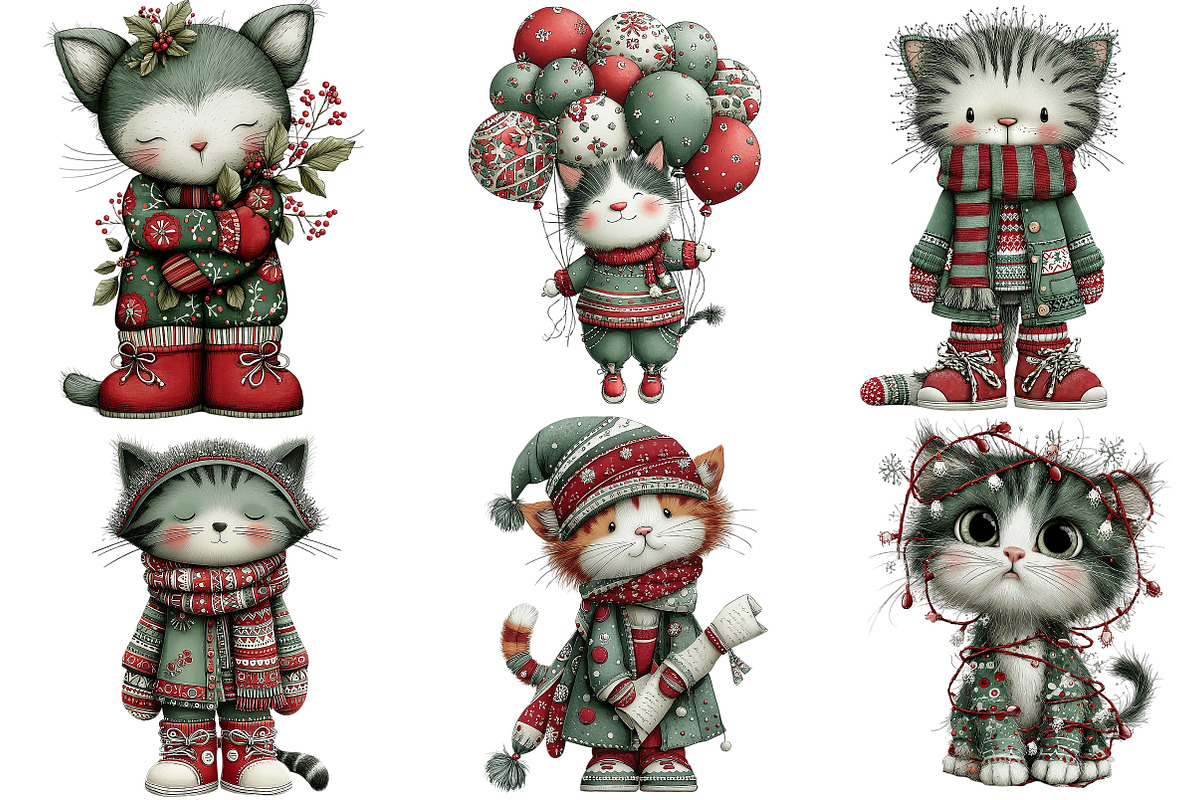 Whimsical Christmas Cats Clipart, an Illustration by DreamArtGraphic (Photo 2 of 4)