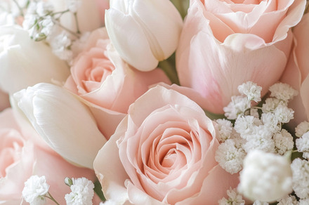 Soft Pink Roses and White Tulips in Dreamy Floral Arrangement