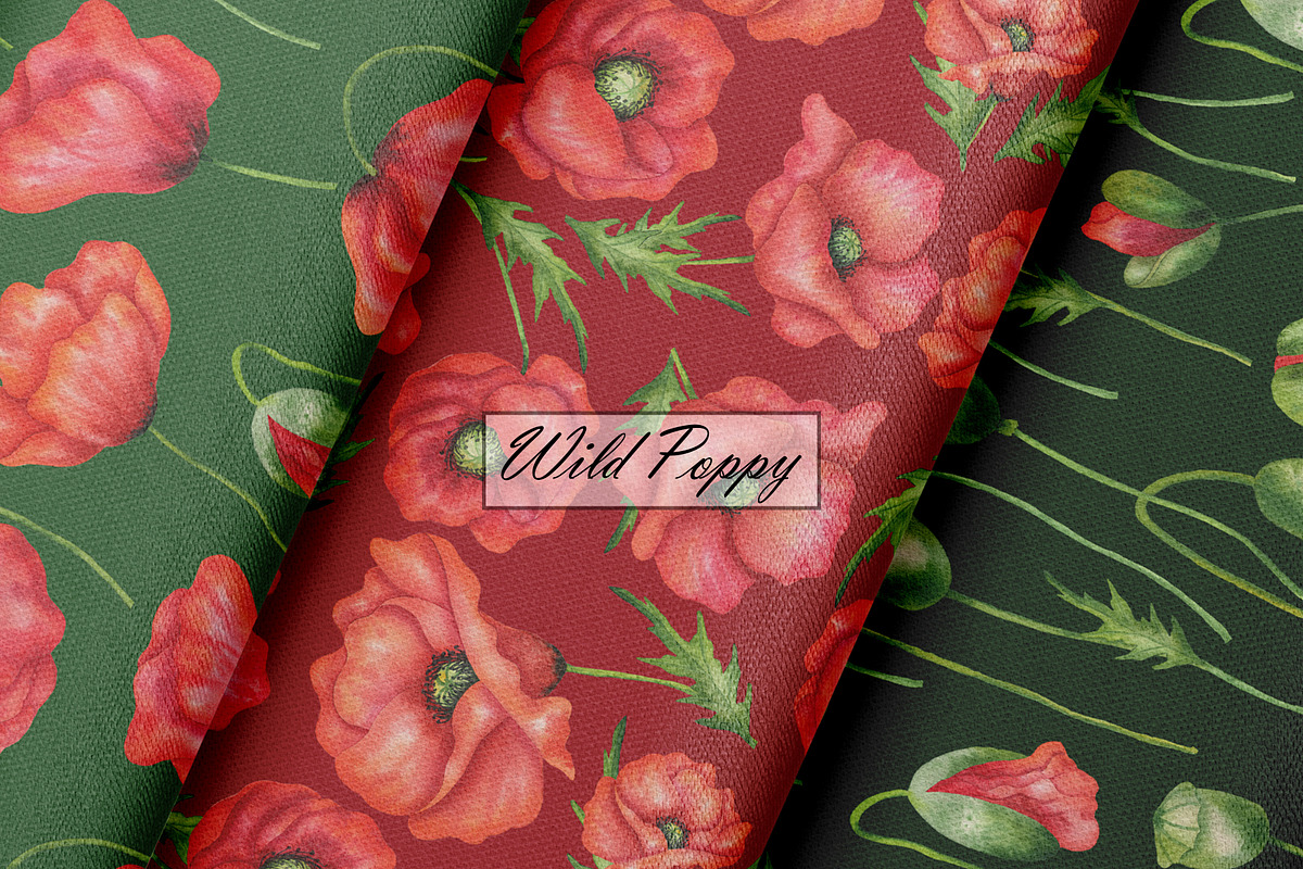 Watercolor Poppy Seamless Patterns, an Illustration by OlDm_Shop (Photo 5 of 10)