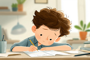 Young boy sitting at a desk, a School & Education Photo by MistyDay