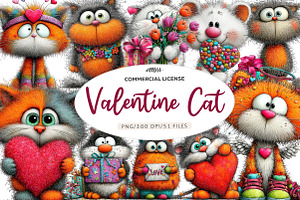 Whimsical Valentine Cat Clipart, an Illustration by CreationArt