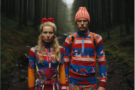 Couple in colorful outfits on forest, a Beauty & Fashion Photo by Ylivdesign