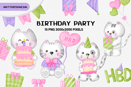 Watercolor Birthday party cat clipar