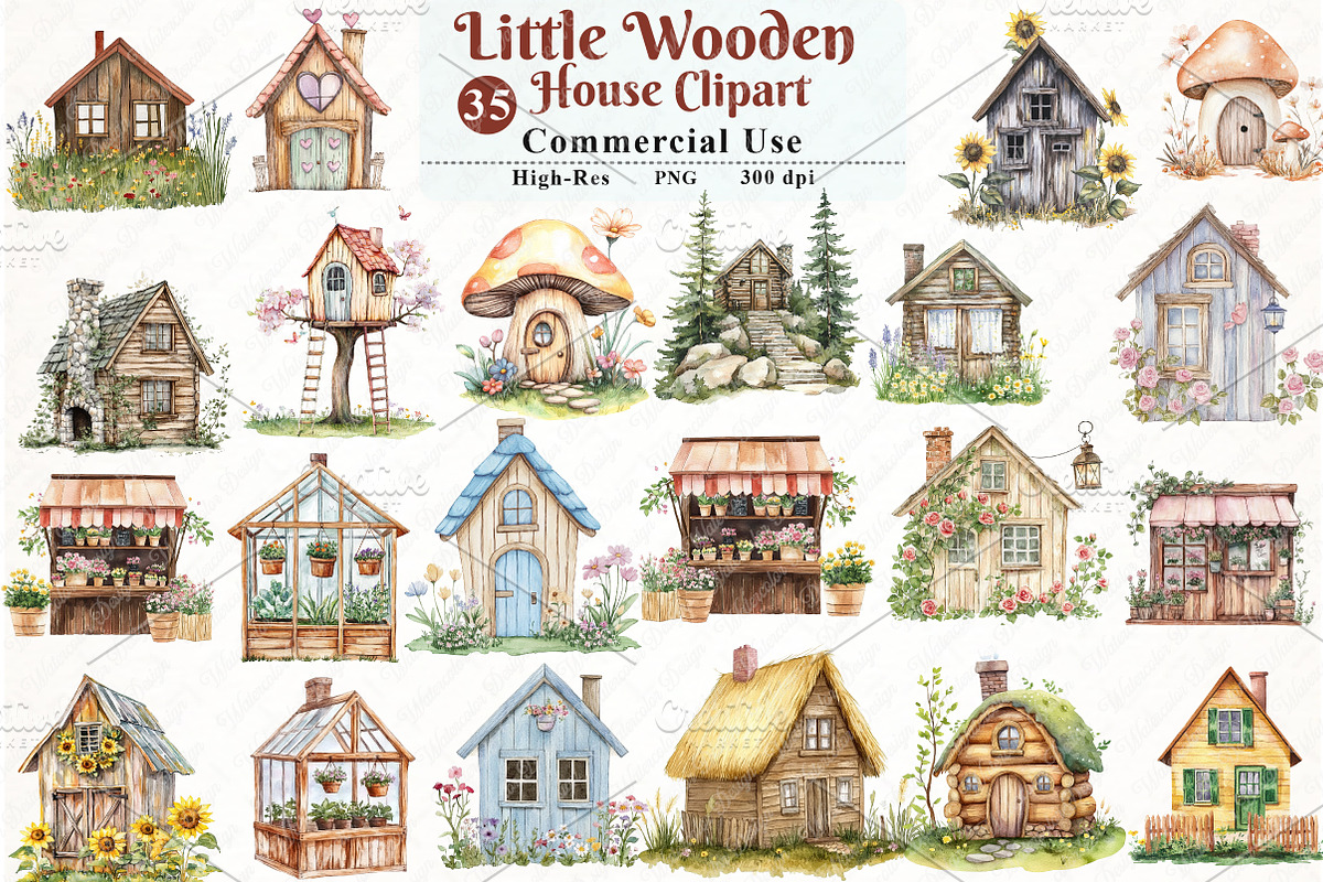 Watercolor Little Wooden House Clipa, an Illustration by Watercolor design (Photo 1 of 12)