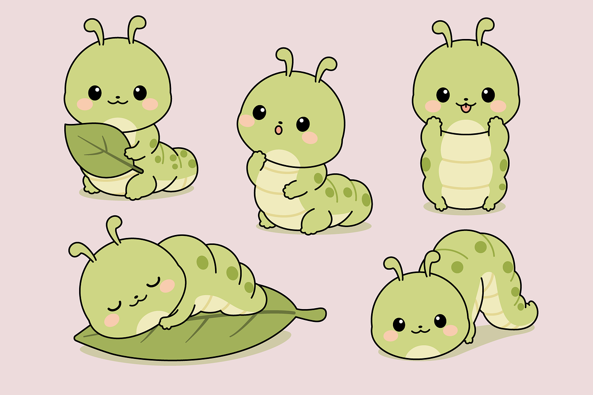 Cute Green Caterpillar Character Set, an Animal Illustration by Artpon Illustration (Photo 3 of 3)
