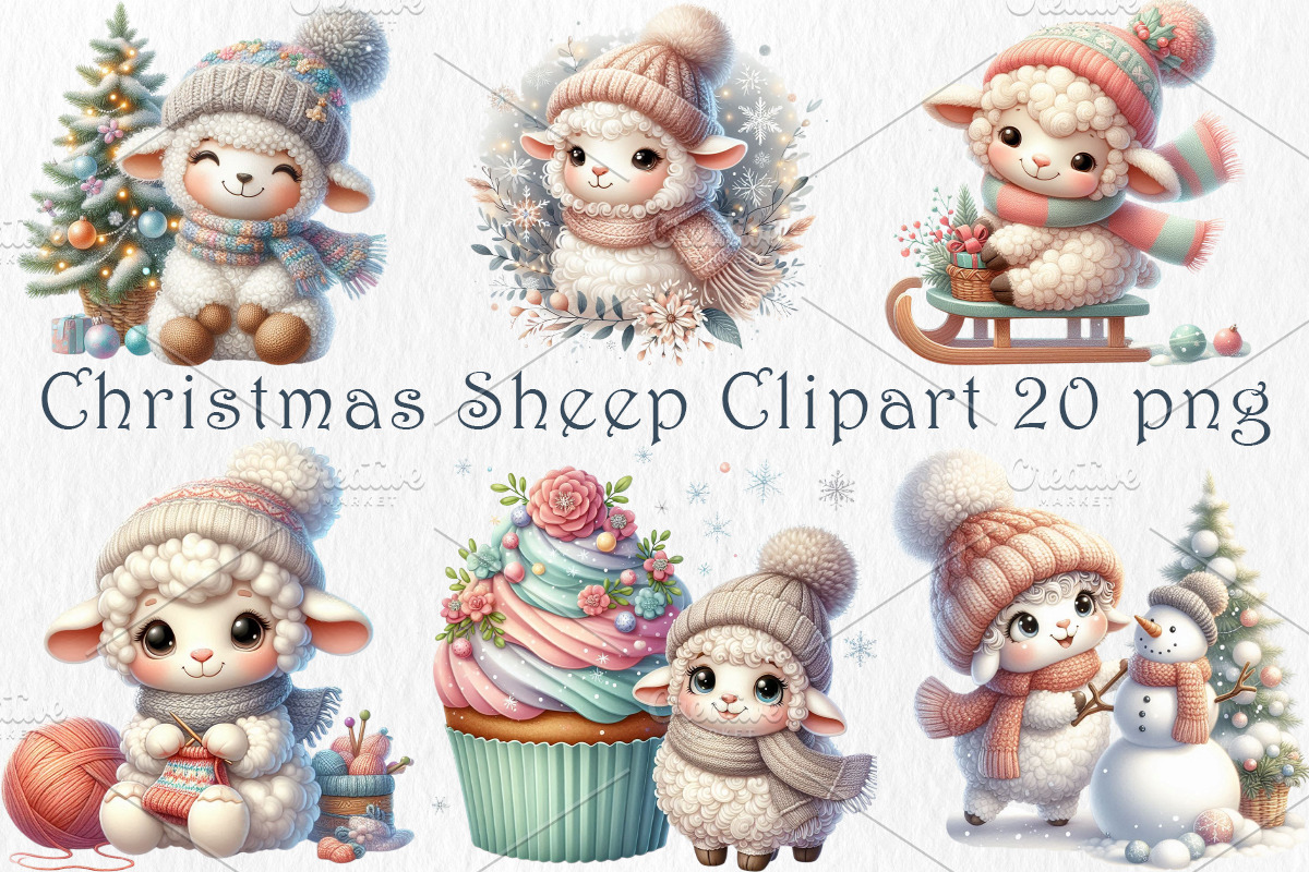 Cute Christmas Sheep Clipart, a Seasonal Illustration by GalaDesign03 (Photo 1 of 6)
