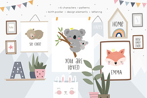 Sleeping Animals Nursery Birth Print