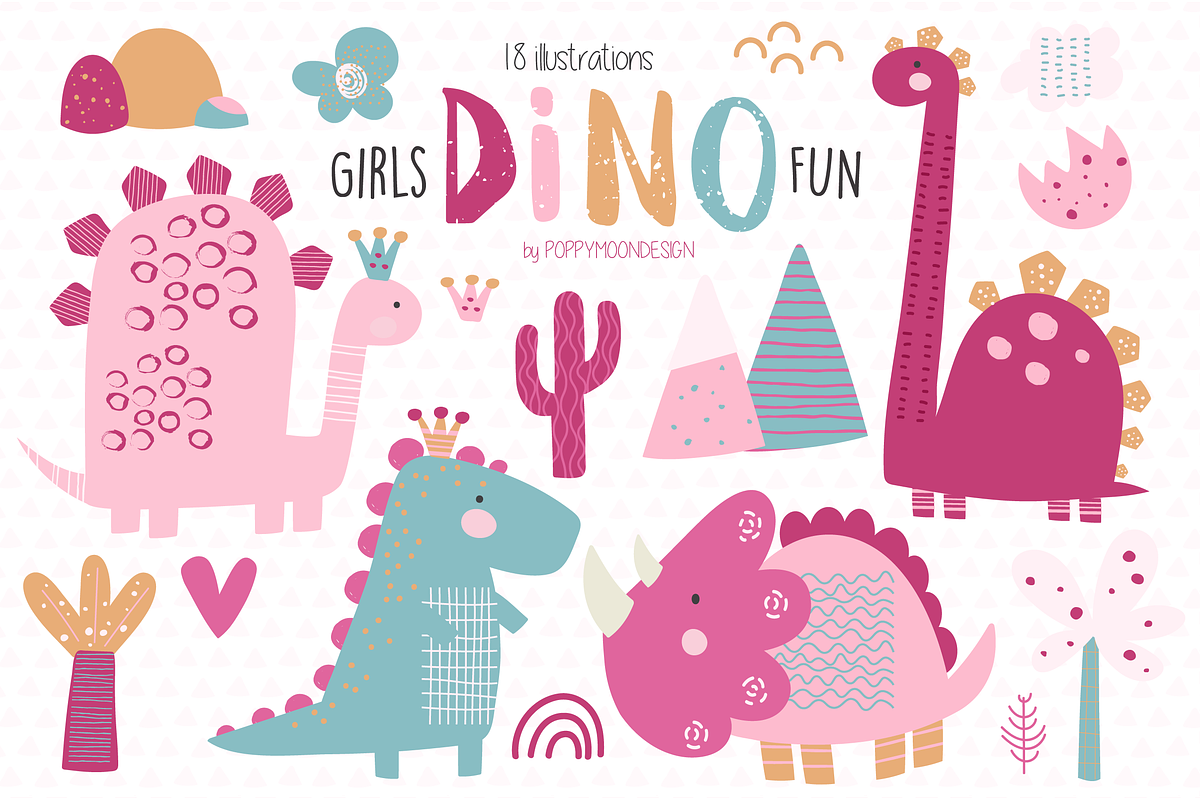 Girls Dino fun clipart, a Decorative Illustration by Poppymoondesign (Photo 1 of 3)