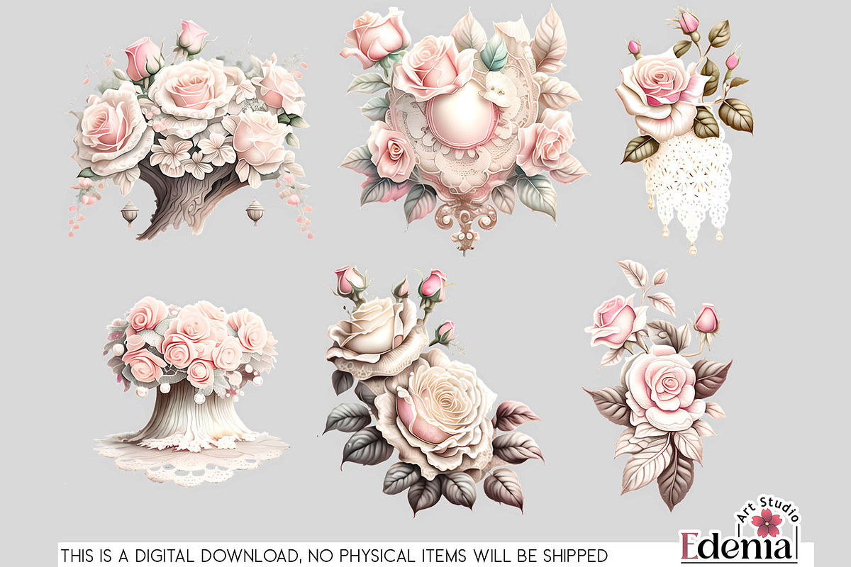 Vintage Romantic Flowers Cliparts, a Decorative Illustration by EdeniaArtStudio (Photo 3 of 10)