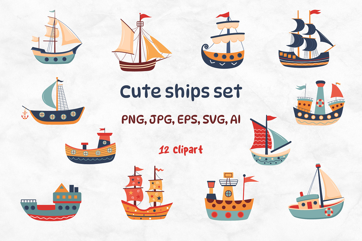 Cute ships set, a Transportation Illustration by JulyGart (Photo 1 of 5)
