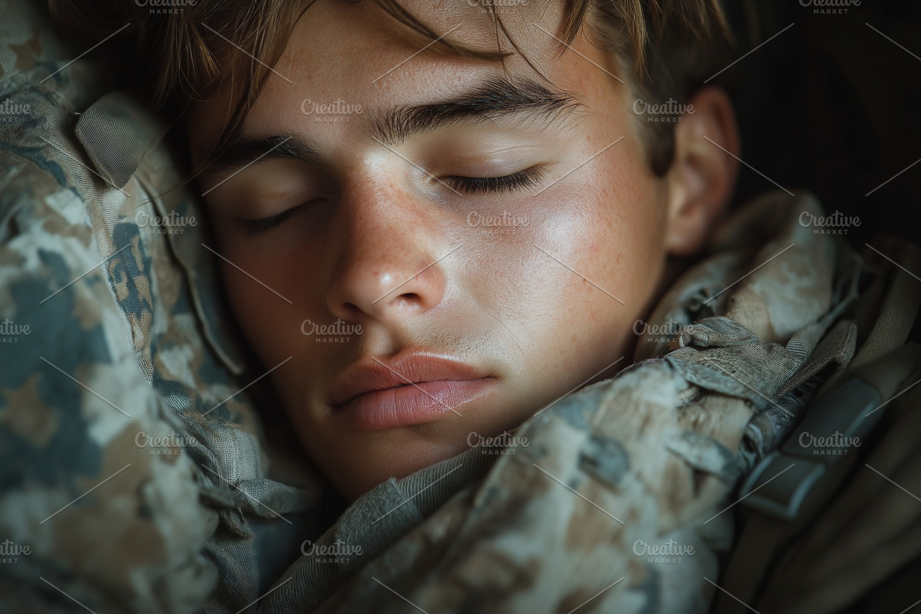 A young Caucasian male soldier peacefully sleeping, surrounded by military gear, a Person Photo by ImageMir