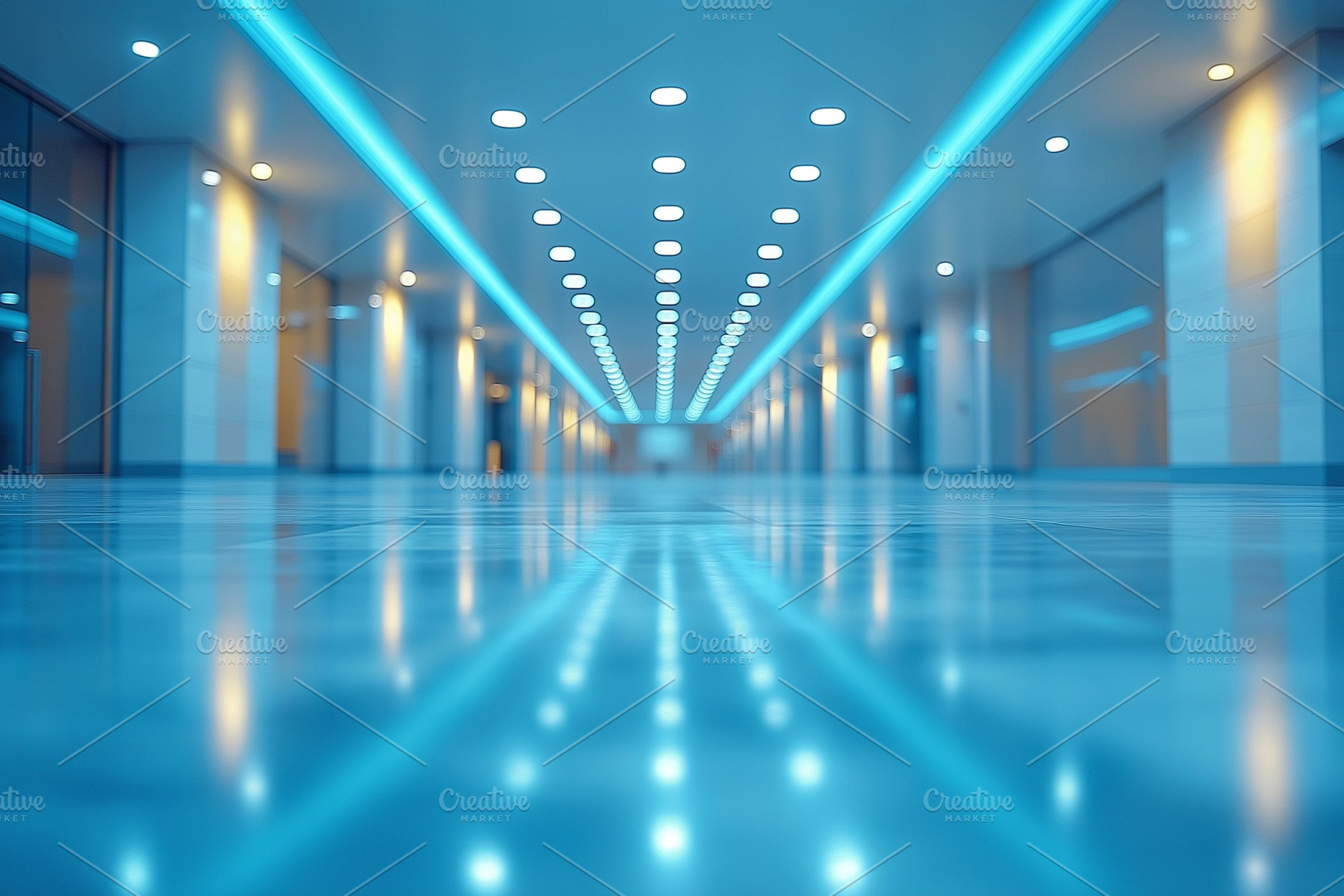 A modern, blue-lit corridor with sleek floors reflecting lights, creating a fut, a Background Photo by ImageMir