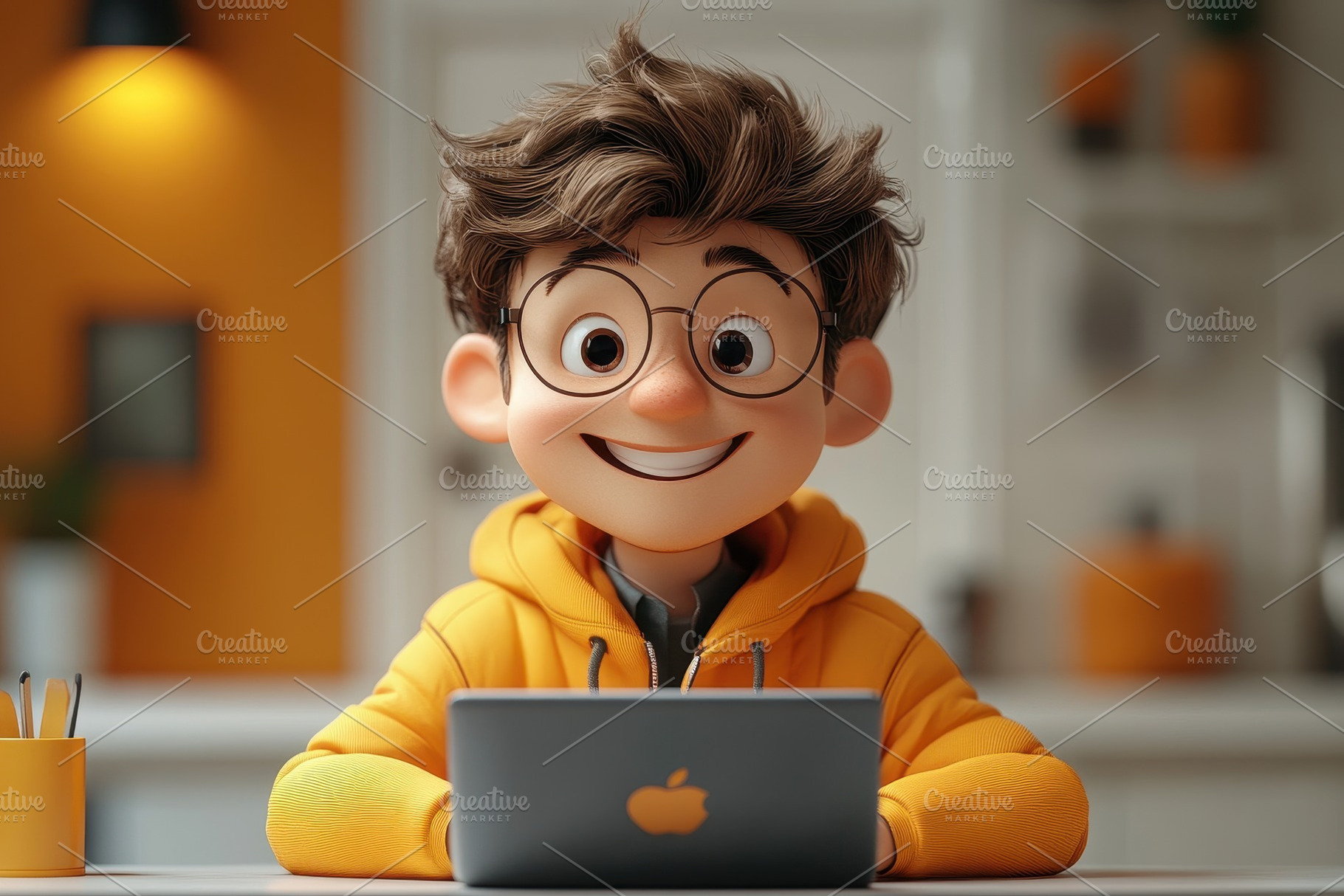 Smiling young boy in yellow hoodie u, a Photo by Tanuart