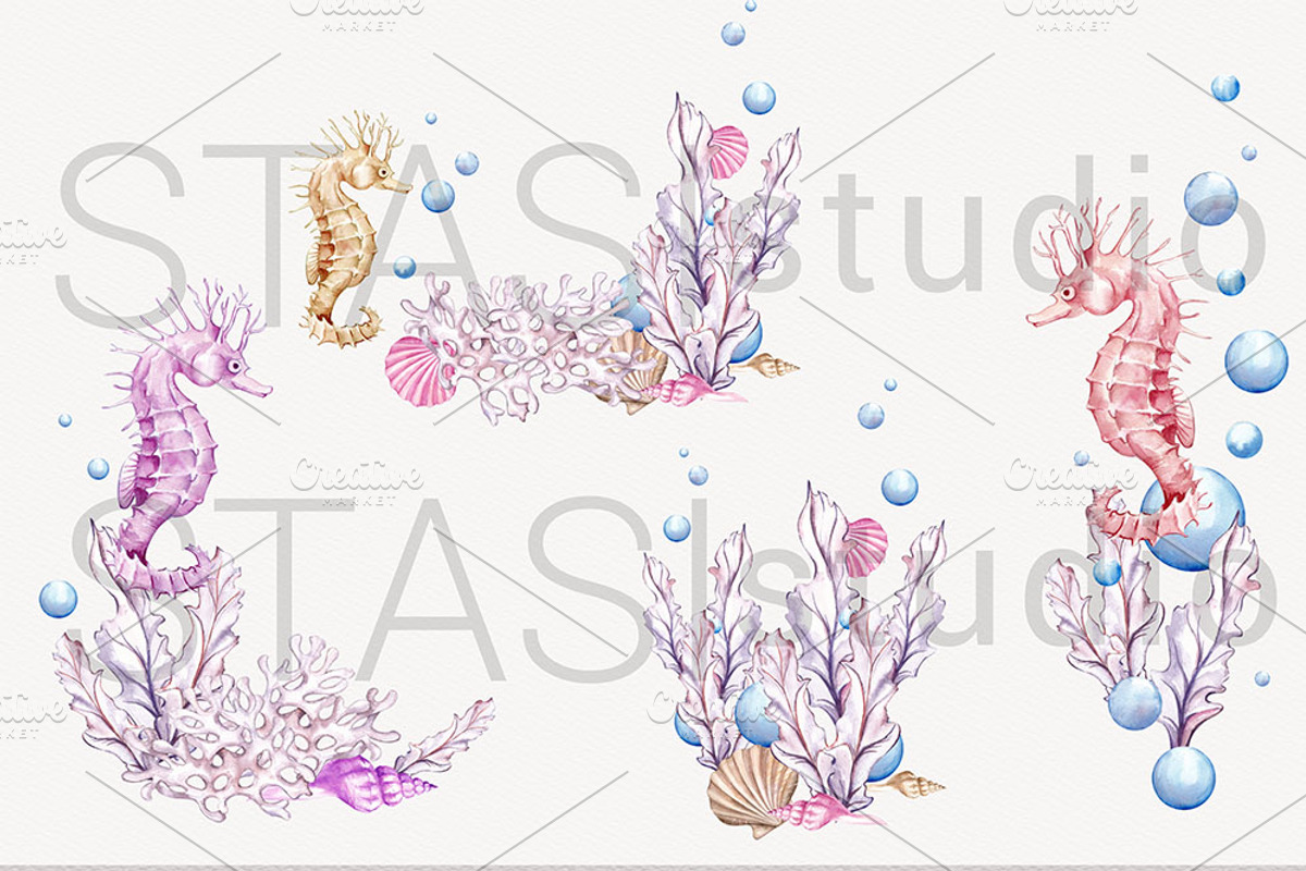 Watercolor Seahorse & Ocean Clipart, a Decorative Illustration by STASIstudio (Photo 3 of 3)