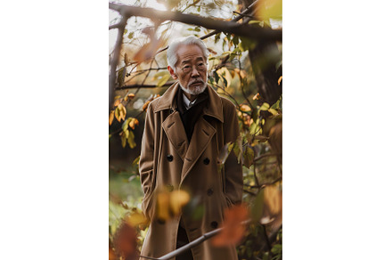 A senior Asian man in a brown coat, a Nature Photo by Lermont51