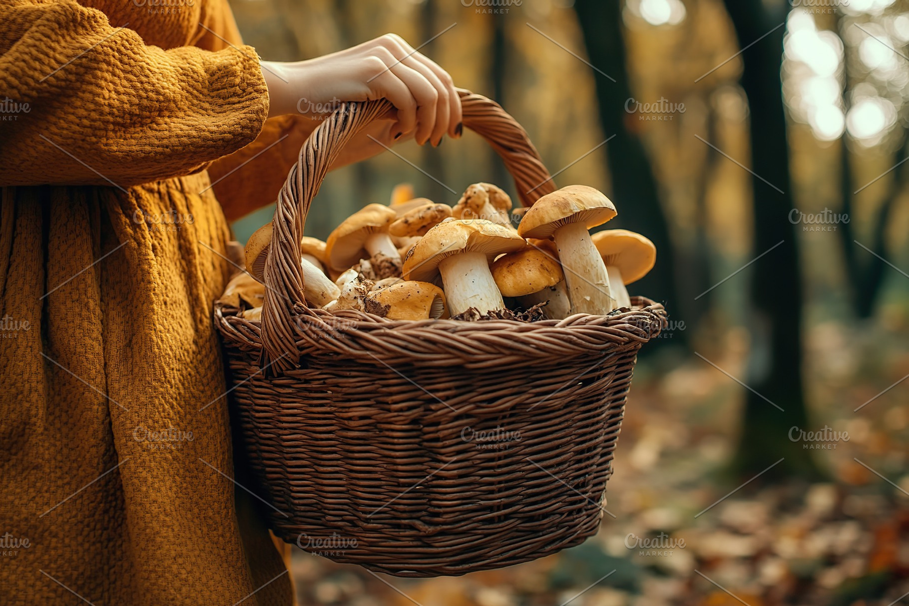 Woman picking wild mushrooms in basket, a Food & Drink Photo by AlyaAnd