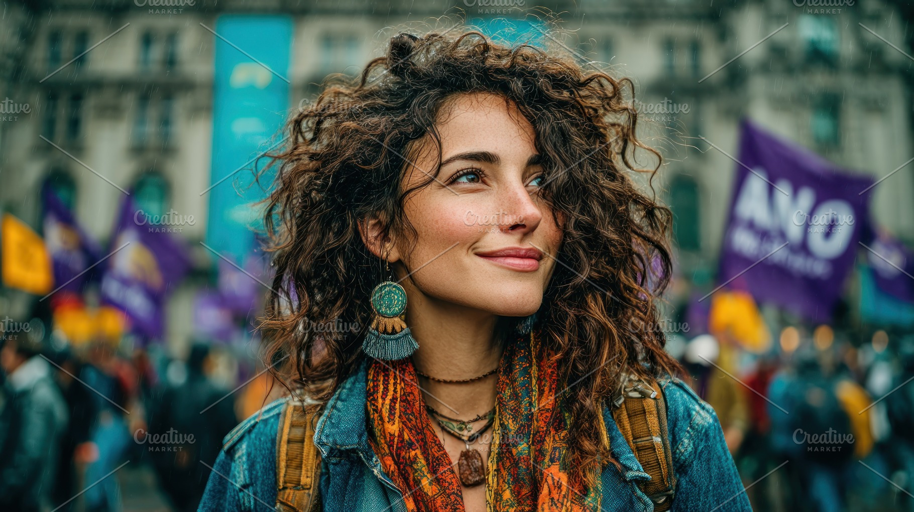 Smiling young woman with curly hair and colorful scarf at peacef, a Person Photo by José Manuel Gelpi