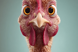 Close-up of a surprised chicken against a blue background. Sharp, an Abstract Photo by Ales Munt