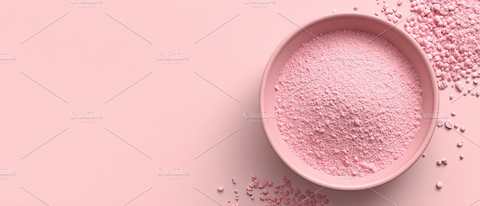 Flat lay of a pink ceramic bowl filled with pink powder on a mat, an Animal Photo by Ales Munt