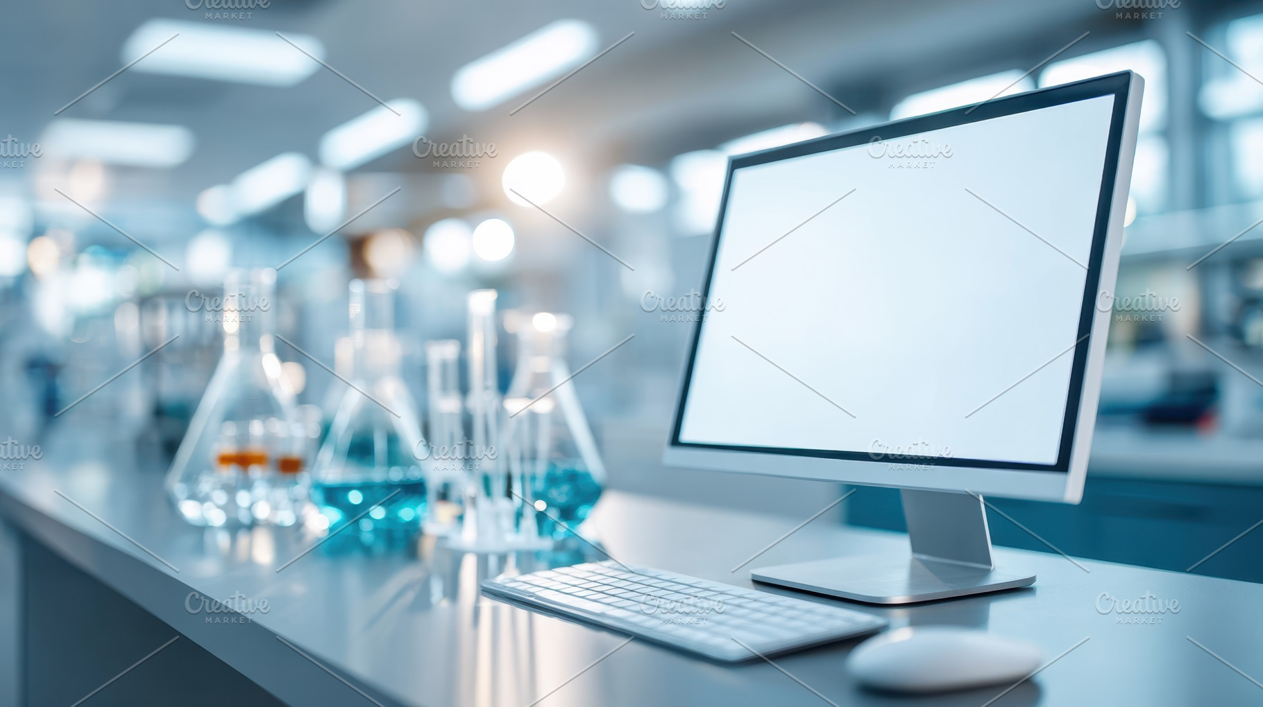 Modern laboratory with computer and glassware, a Technology Photo by AlyaAnd