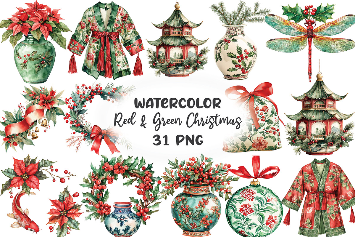 Chinoiserie Red & Green Christmas, an Illustration by CraftArtStudio (Photo 1 of 6)