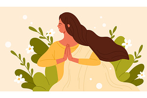 Indian young woman with flowers and, an Object Illustration by Flashvector