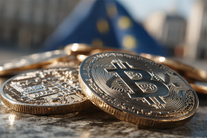 Shiny physical Bitcoin coins stacked on a stone surface with blurred European U, a Photo by AS photostudio
