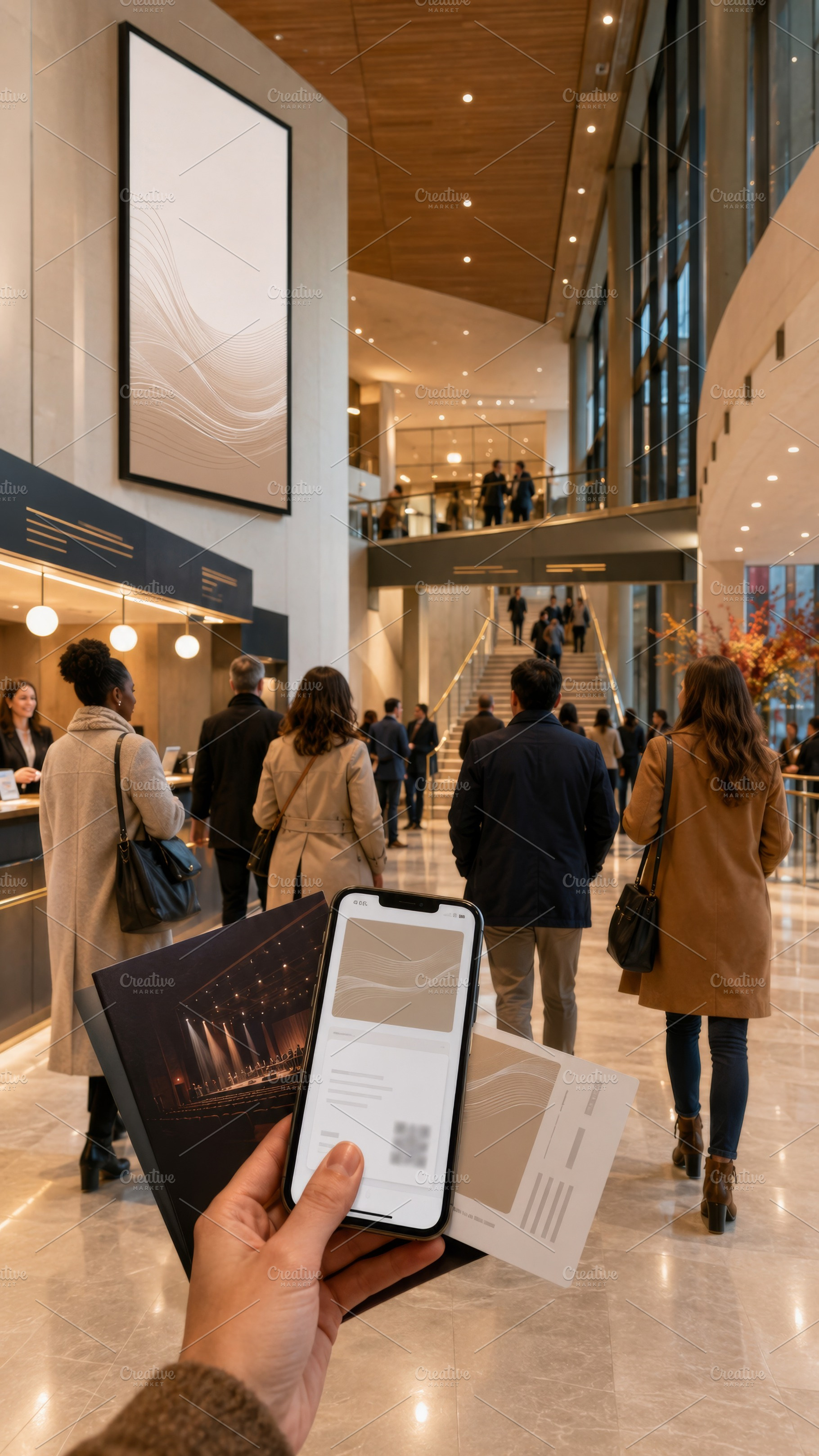 Modern theatre lobby bustling with p, a Photo by Dvoevnore photos