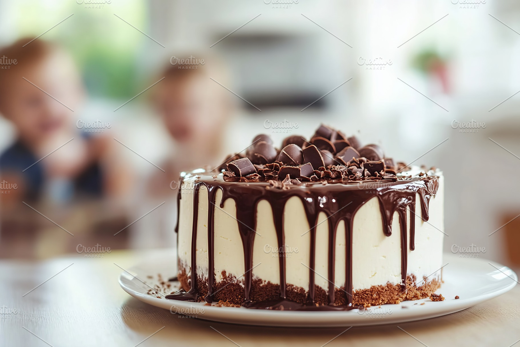 Tasty chocolate cake with cream on blurred kitchen background, a Photo by AlyaAnd
