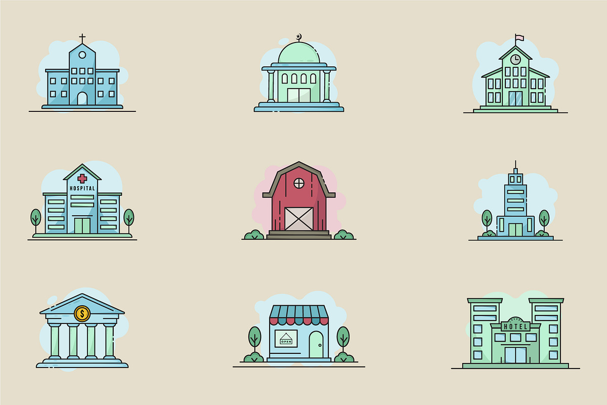 set of building icon logo line art, a Branding & Logo Template by zyxroun shop