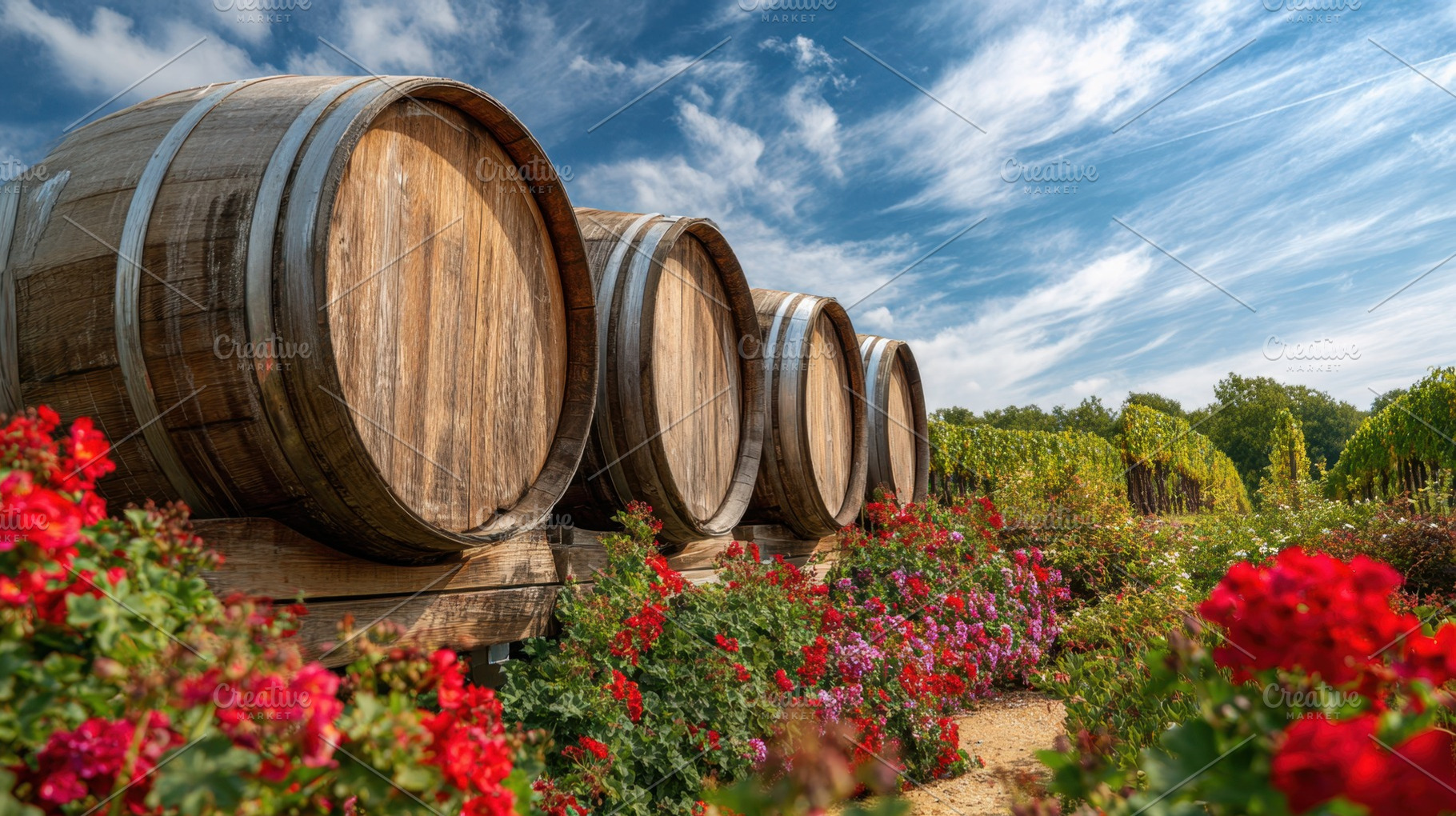Beautiful vineyard with wine barrels, a Photo by Beautiful things